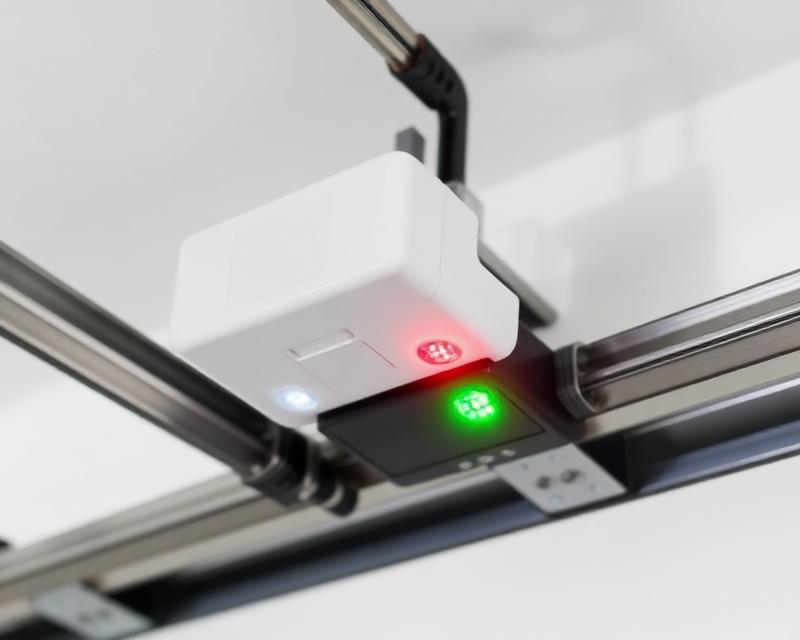 Garage door safety sensor being calibrated by professional technician