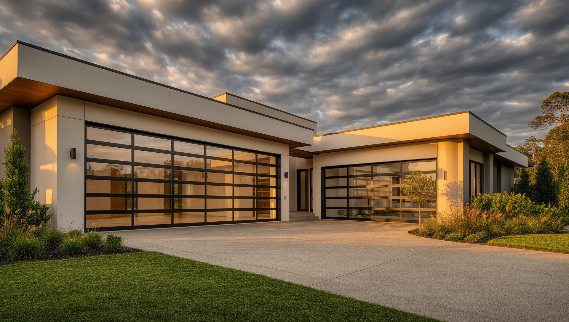 Modern contemporary home with aluminum glass panel garage doors - Winona Garage Doors